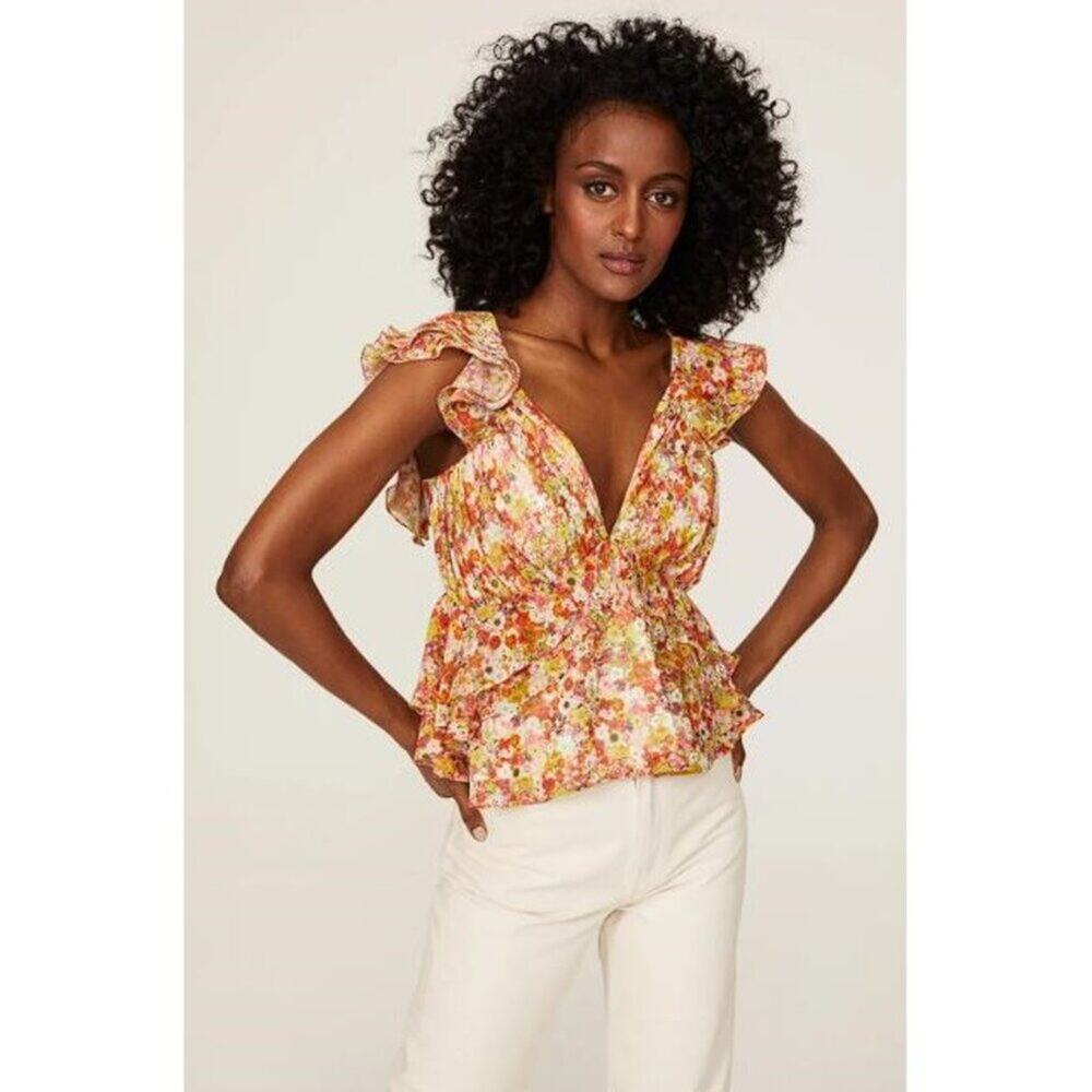 SLATE & WILLOW Women's Flutter Sleeve Tie Back Top Size L In Multicolor